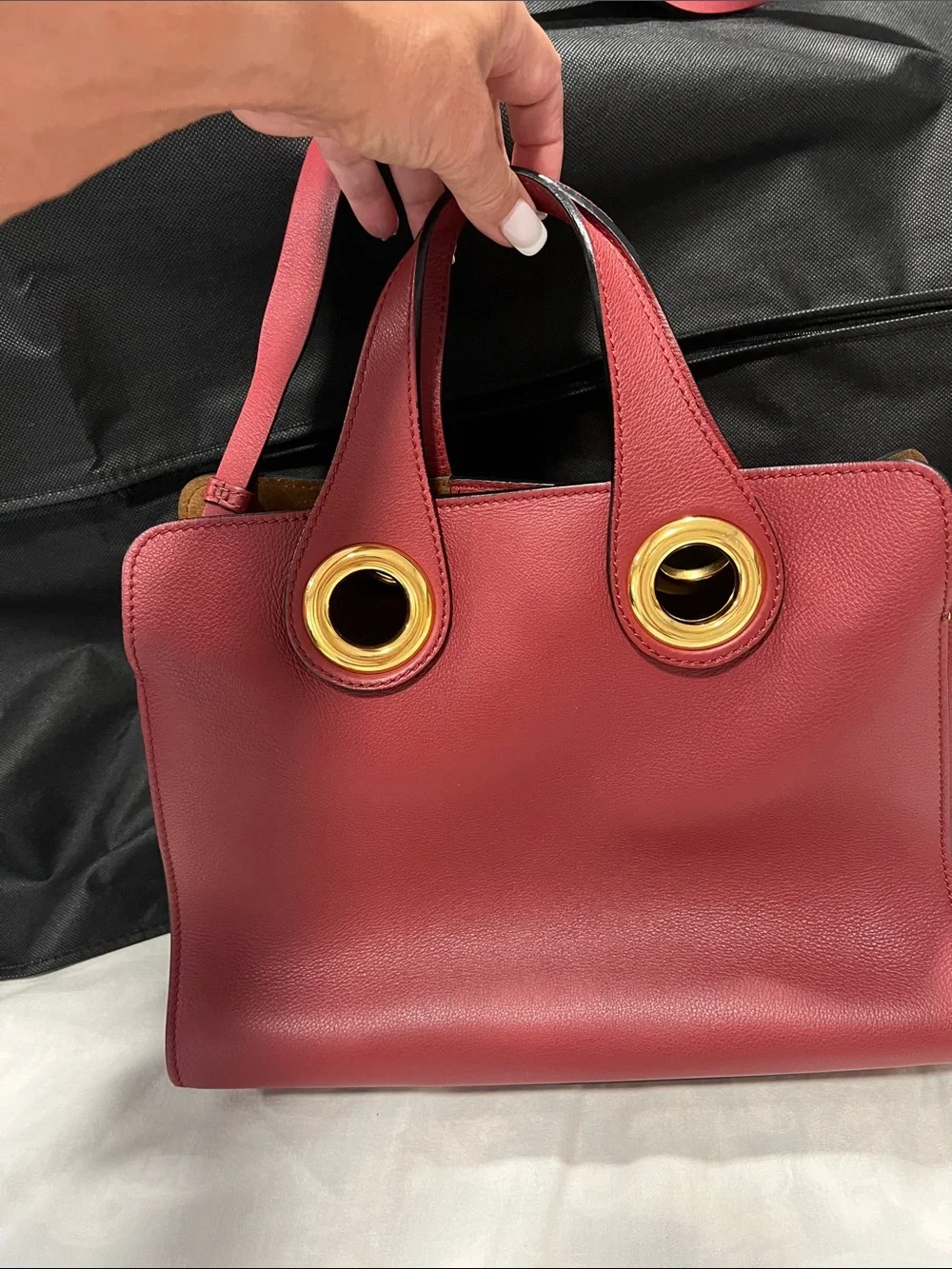 Burberry Red Leather Satchel with Gold Grommet Accents